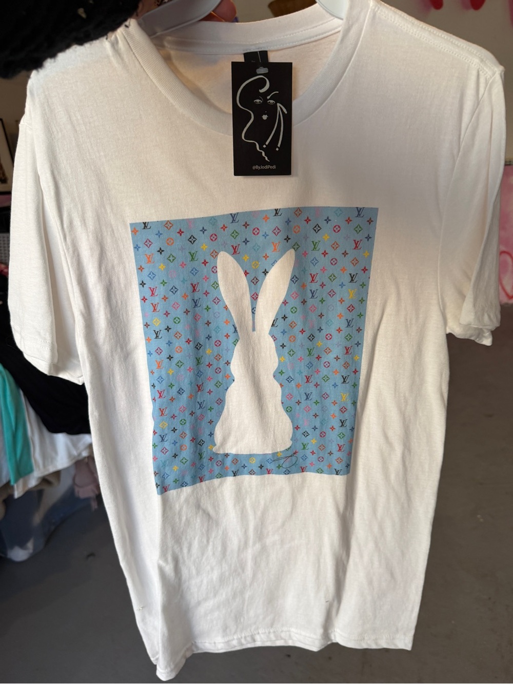 District White Tee with Light Blue Bunny Block and Multicolor Accents